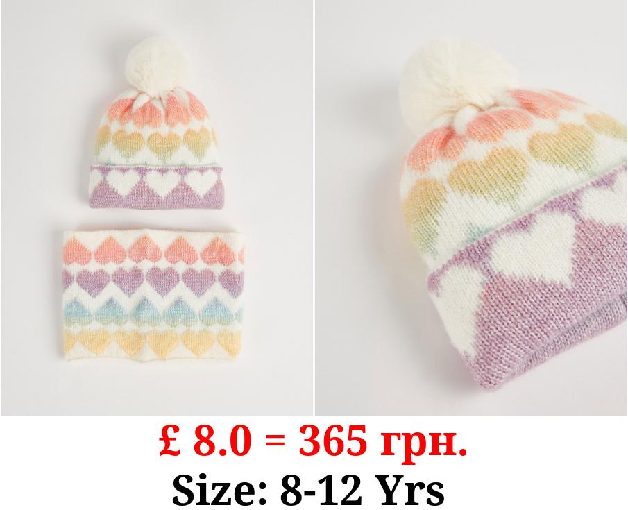 Rainbow Heart Bobble Hat and Snood 2 Piece Set