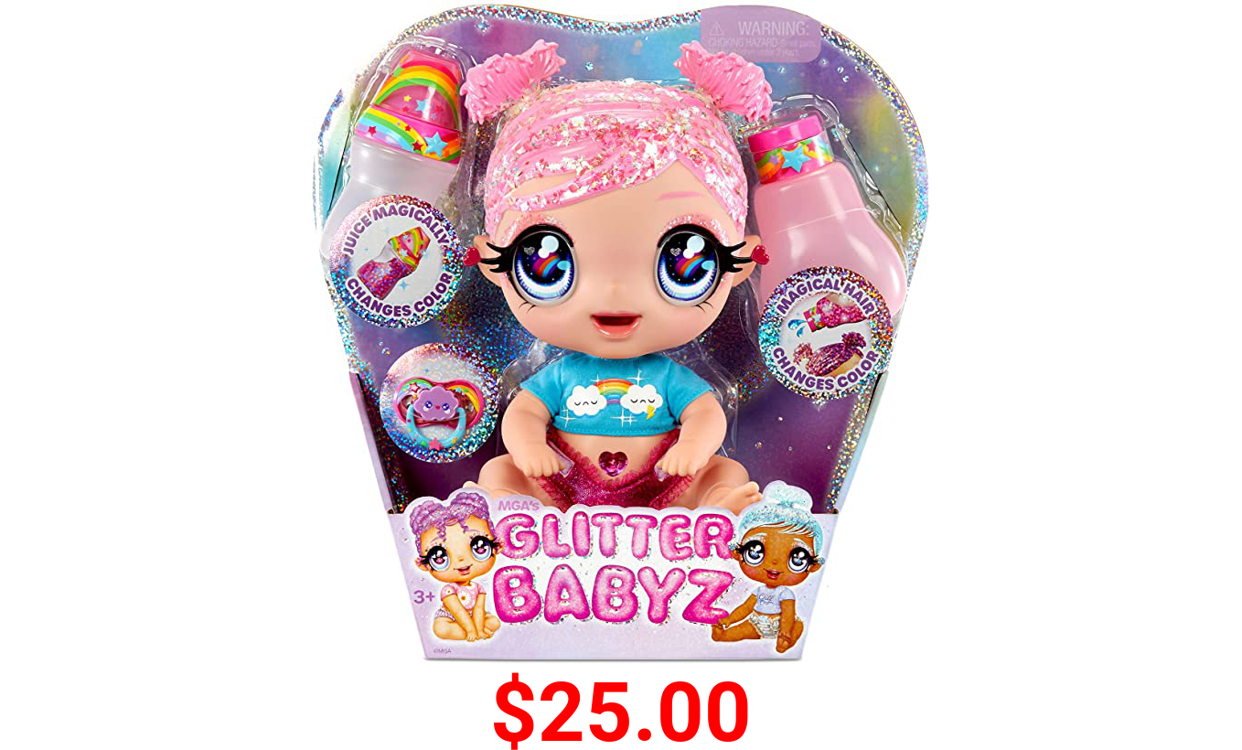 MGA'S Glitter BABYZ DREAMIA Stardust Baby Doll with 3 Magical Color Changes / Pink Hair Doll with Rainbow Outfit and Reusable Diaper, Bottle and Pacifier / Great Gift and Toy for Kids Ages 3 and UP