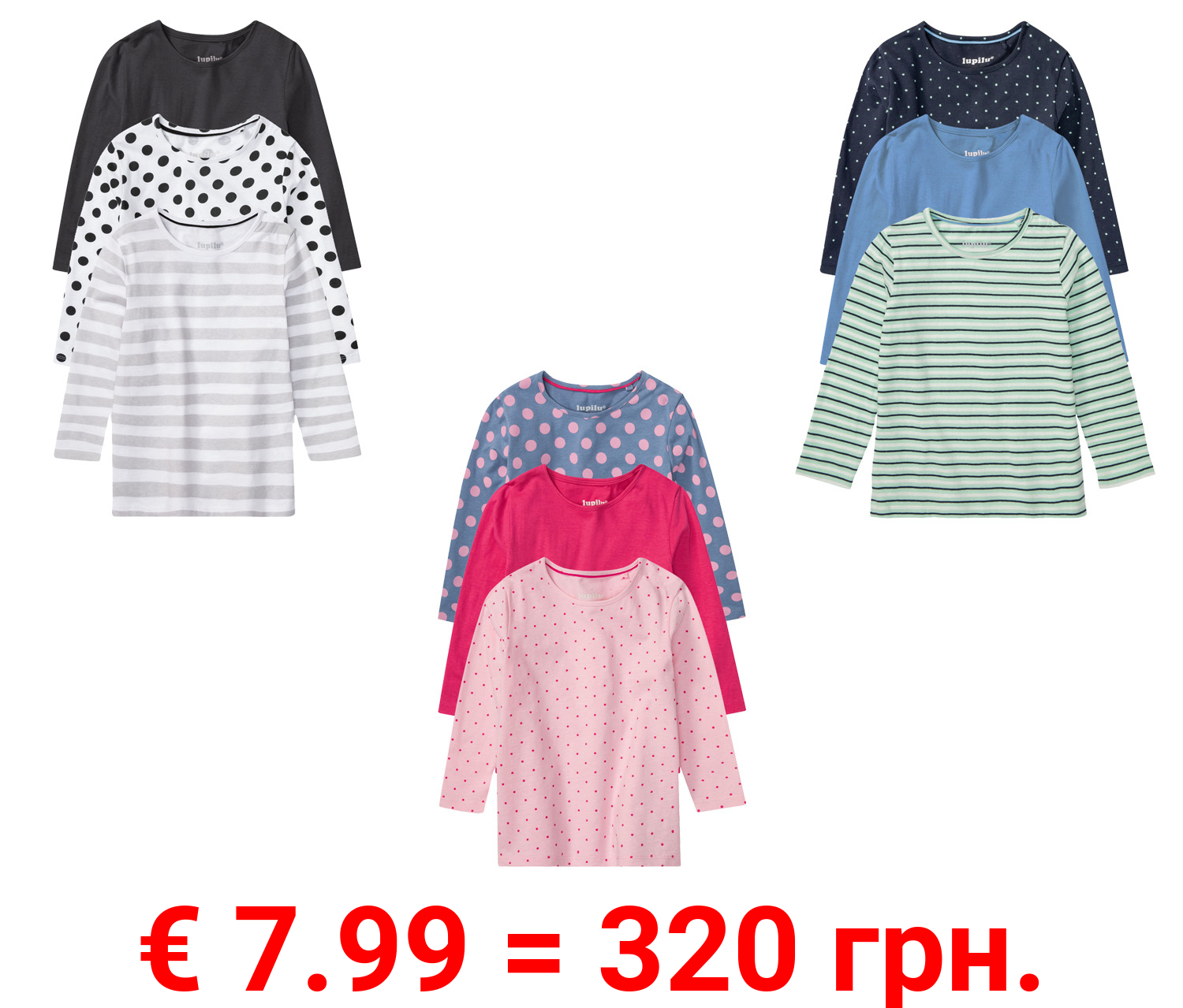 lupilu® Kleinkinder Mädchen Langarmshirt, 3 Stück, mit Rundhalsausschnitt