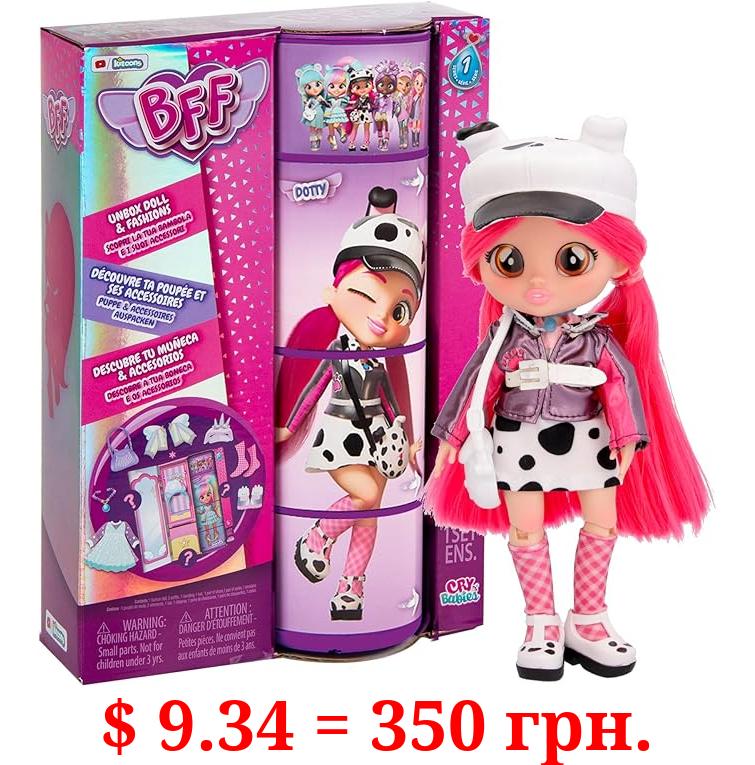 Cry Babies BFF Dotty Fashion Doll with 9+ Surprises Including Outfit and Accessories for Fashion Toy, Girls and Boys Ages 4 and Up, 7.8 Inch Doll