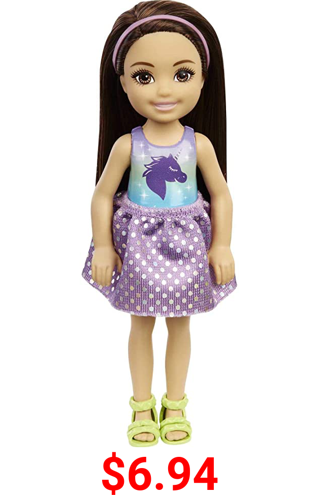 Barbie Chelsea Doll (6-inch Brunette) Wearing Tie-Dye Shorts, Molded Top & Yellow Shoes, Gift for 3 to 7 Year Olds