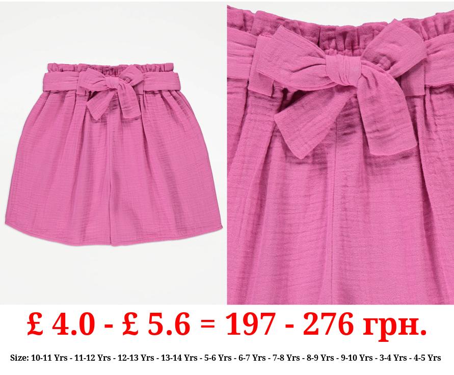 Pink Cheesecloth Paperbag Waist Shorts