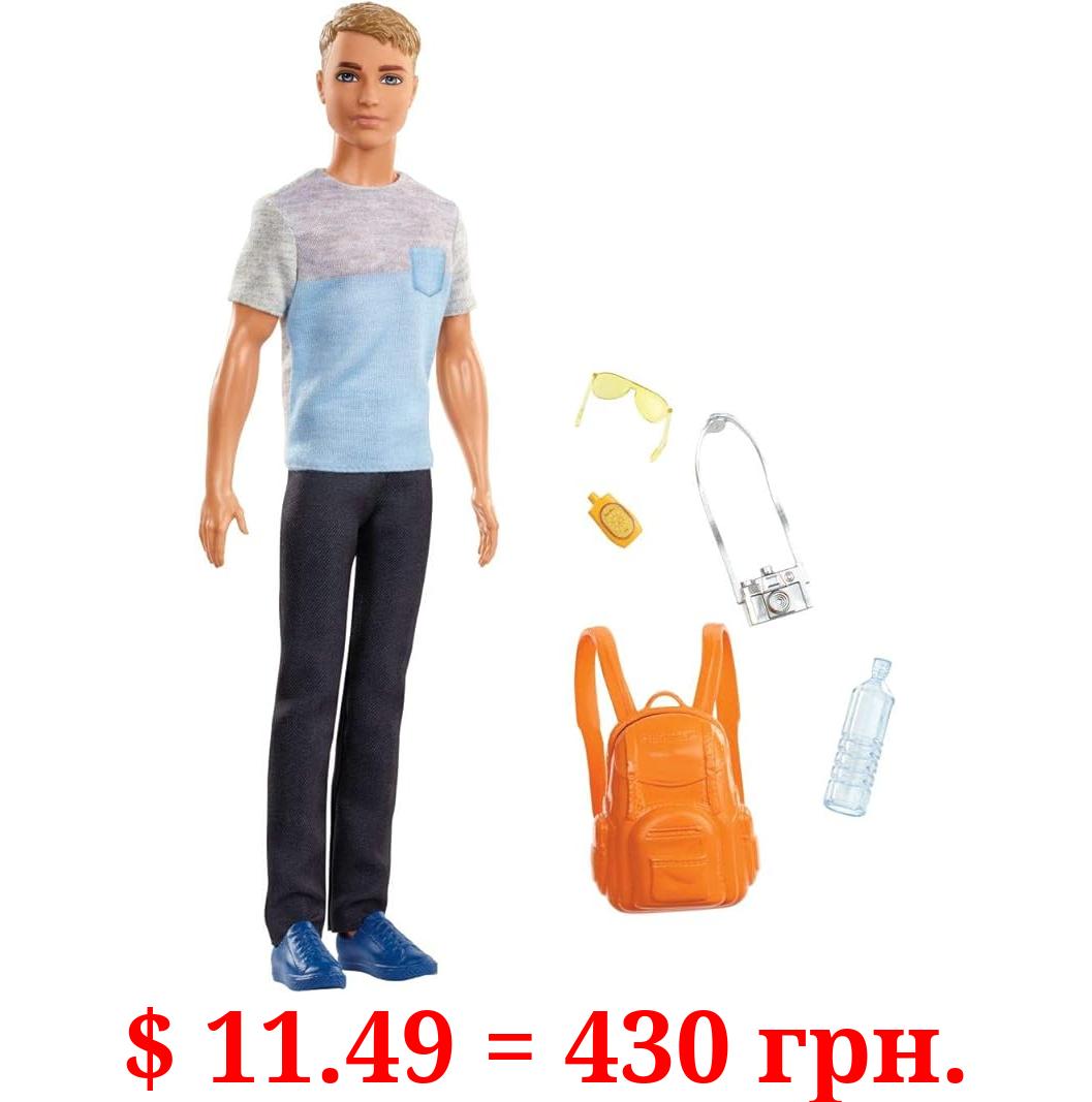 Barbie Ken Doll & 5 Travel-Themed Accessories, Includes Backpack that Opens & Closes, Fashion Doll with Dark Brown Hair