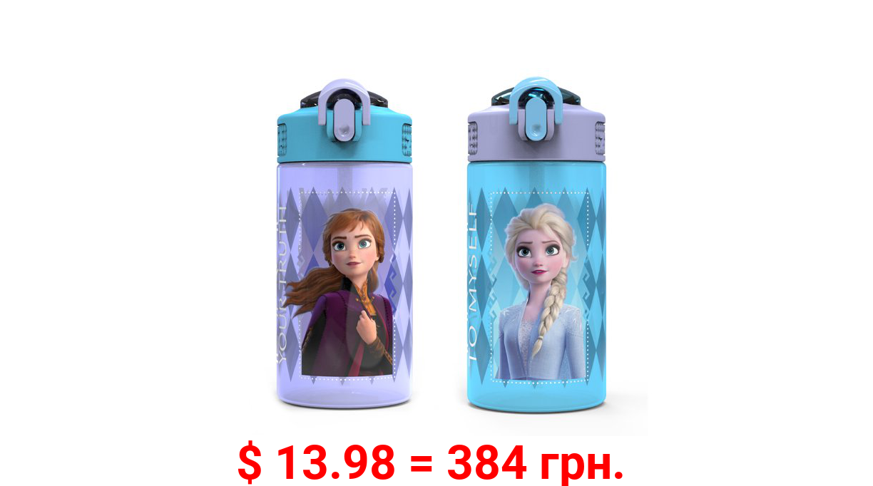 Zak Designs 2pc 16 oz Kids Water Bottle Plastic with Push-Button Spout and Locking Cover, Disney Frozen Anna Elsa