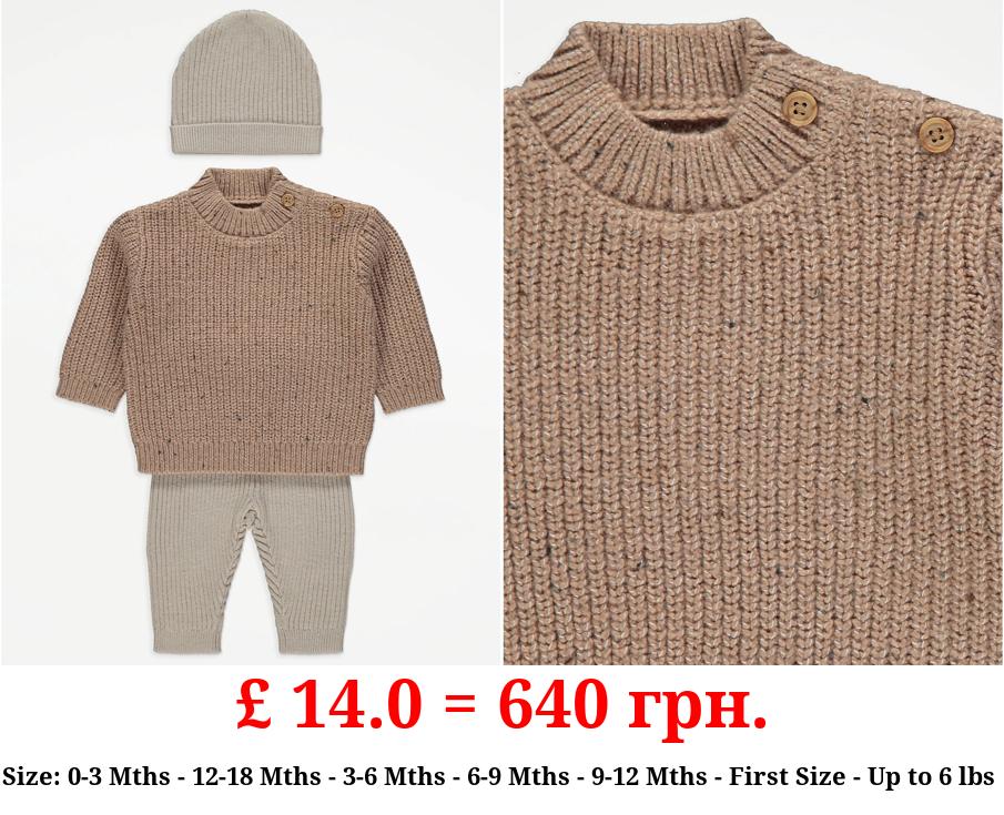 Neutral Knitted Jumper Trousers and Hat Outfit