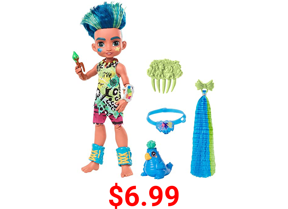 Cave Club Slate Doll (8 – 10-inch, Blue Hair) Poseable Prehistoric Fashion Doll with Dinosaur Pet and Accessories, Gift for 4 Year Olds and Up [Amazon Exclusive]