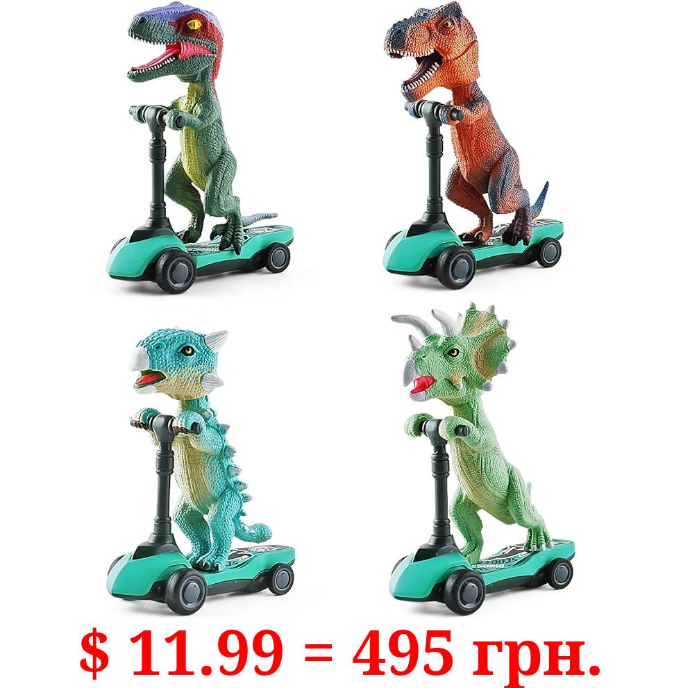 DINOBROS Dinosaur Scooter Toys Pull Back Cars Mini Finger Kick Scooters Boy Toy Age 3 4 5 6, Dino Gift Sets for Kids 4-Pack