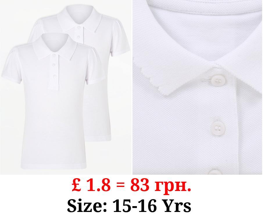 Girls White Slim Fit Scallop School Polo 2 Pack
