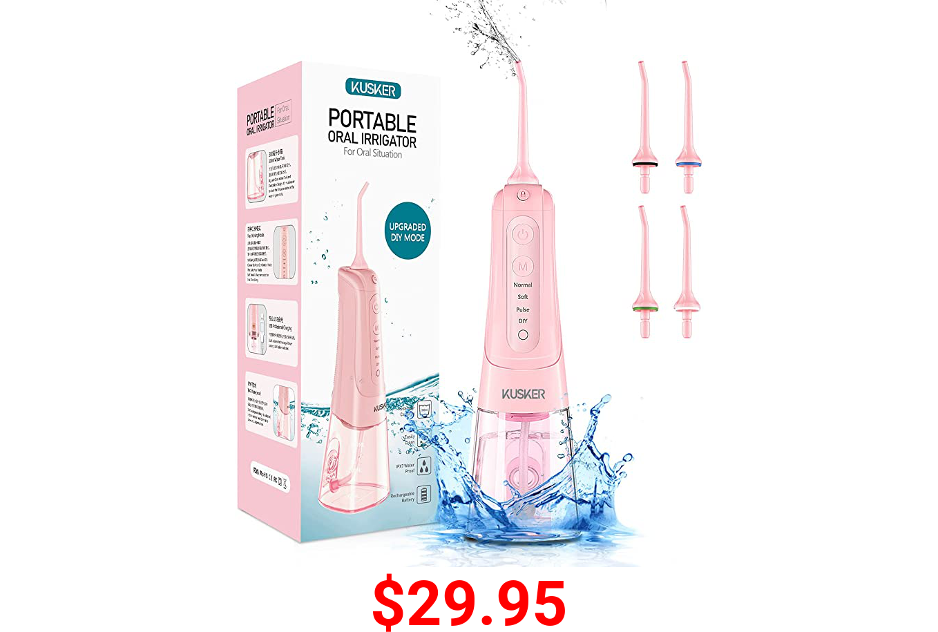 Water Flosser Cordless, KUSKER Portable Dental Oral Irrigator for Teeth, 4 Modes and 4 Jet Tips, IPX7 Waterproof, Rechargeable for 30-Days Use, Home, Travel, Braces, Bridges Care(Pink)