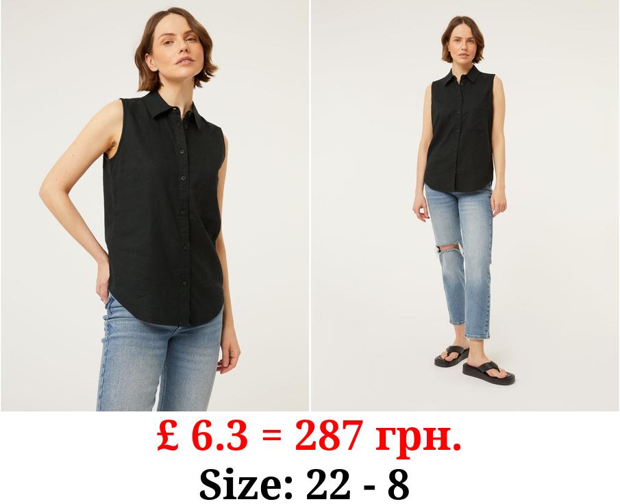 Black Sleeveless Linen Blend Shirt