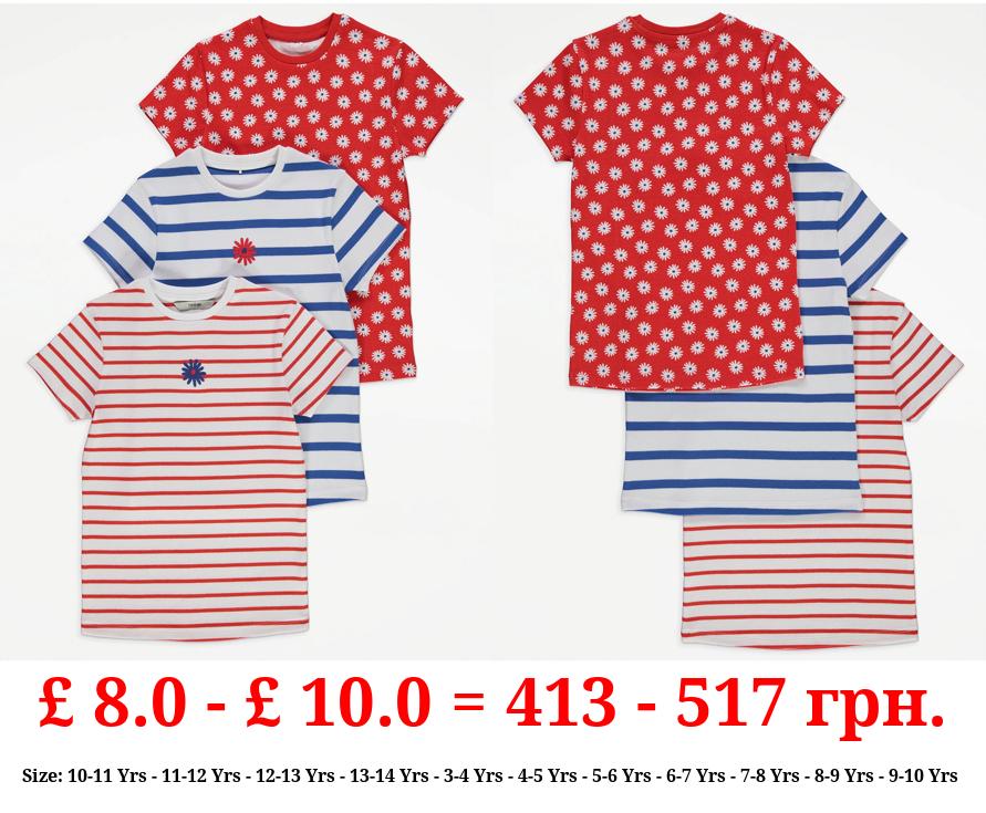 Red Floral Stiped Ribbed T-Shirts 3 Pack