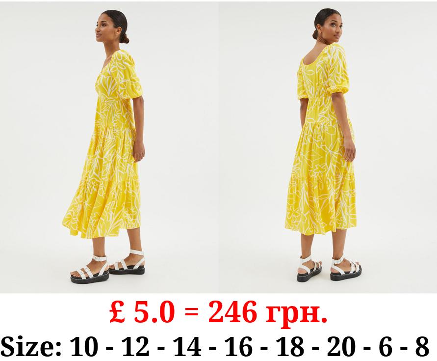 Yellow Floral Ruched Front Tiered Midi Dress