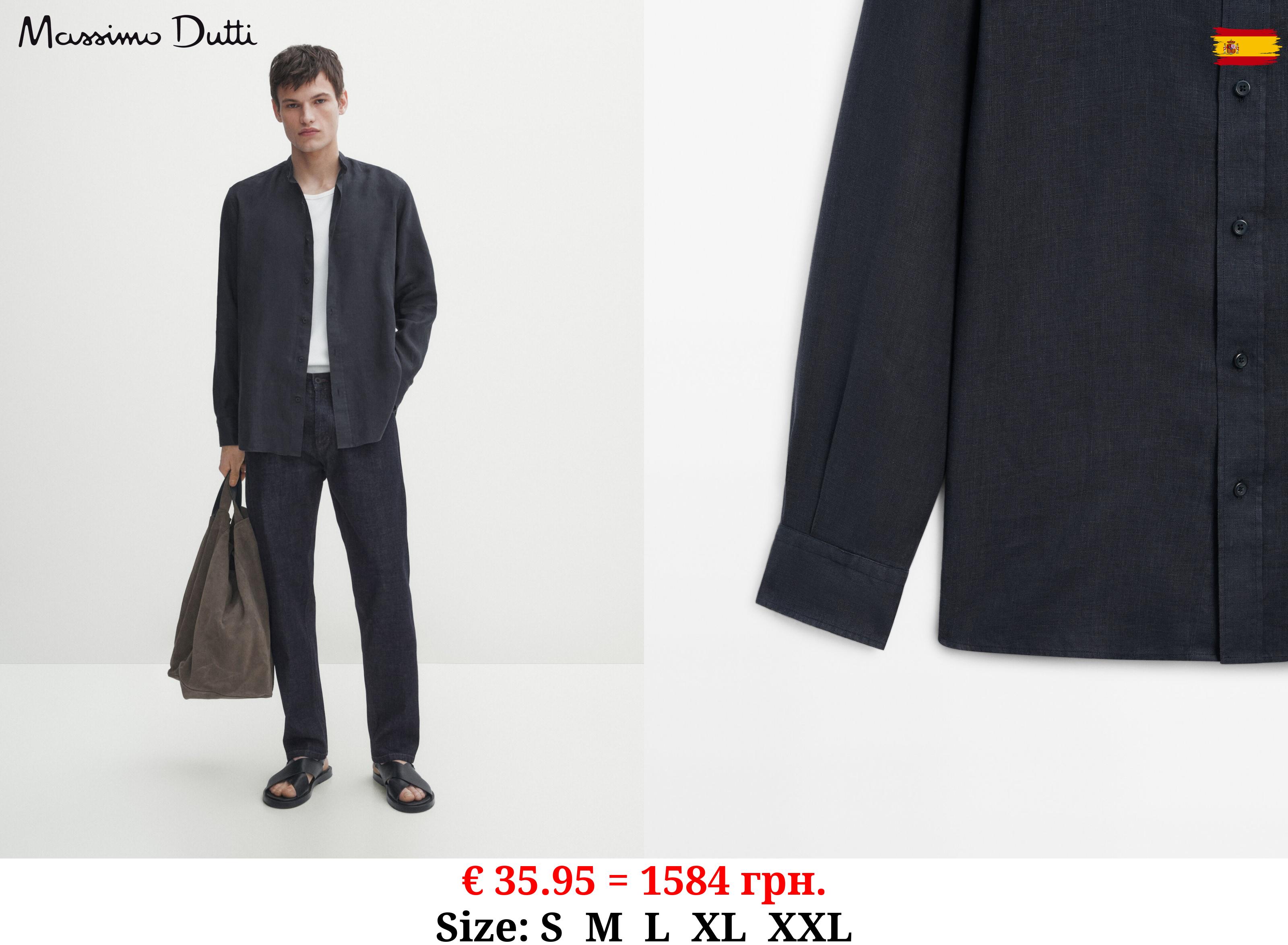 Regular-fit linen shirt with a stand collar NAVY BLUE