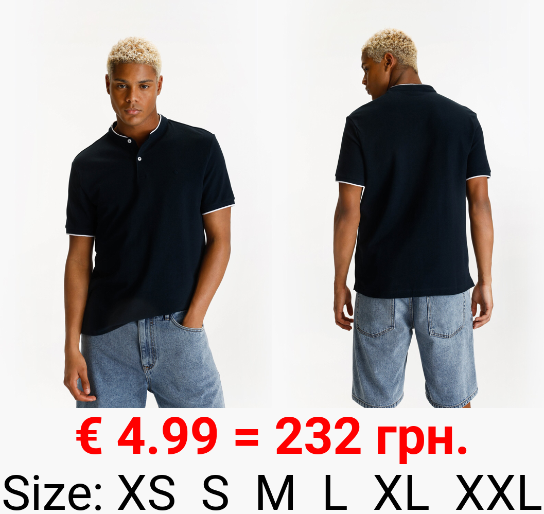 Polo shirt with embroidered stand collar