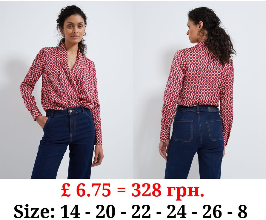 Pink Patterned Satin Wrap Front Blouse