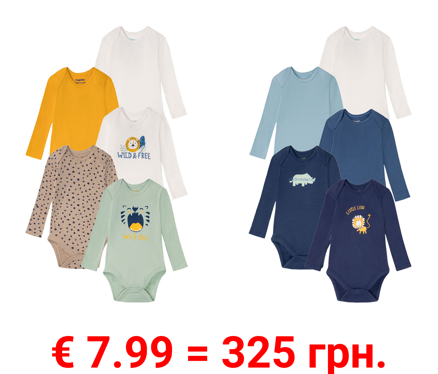 lupilu Baby Jungen Bodies, langarm, 5 Stück, aus reiner Bio-Baumwolle