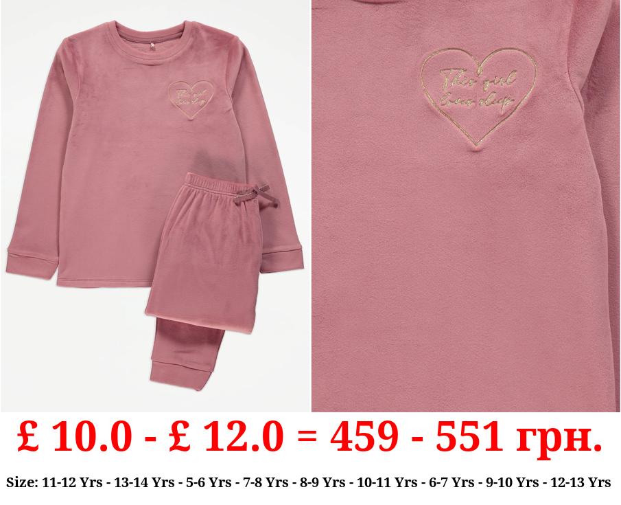 Pink Velour Heart Slogan Pyjamas