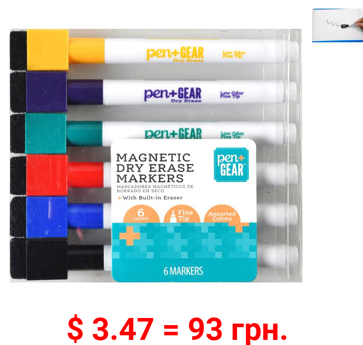 Pen + Gear Mini Dry Erase Markers with Magnet, Classic Ink, Fine Tip, Multicolor, 6 Count