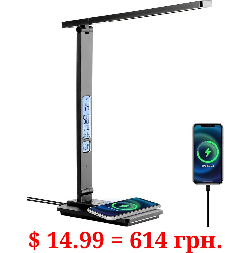 Dott Arts LED Desk Lamp with Wireless Charger, Touch Control Study Lamp with USB Charging Port, Table Lamp with Clock, Alarm, Date, Temperature, Office Lamp, Desk Lamps for Home Office,Black