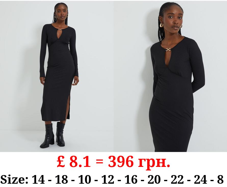 Black Ribbed Cut Out Midi Dress