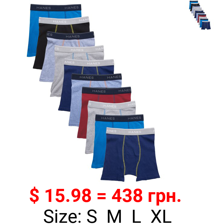 Hanes Boys' Cotton Boxer Briefs Assorted Solid Colors, 10-Pack