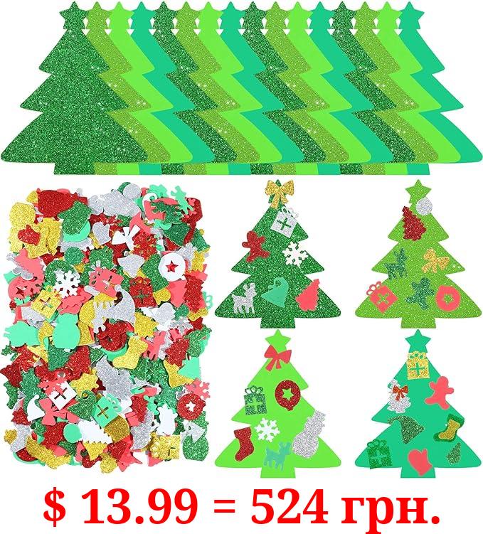 Outus 224 Pieces Christmas Glitter Foam Stickers Self Adhesive Christmas Tree Craft for Kids Snowflake Santa Bell Gingerbread Man Christmas Stocking Stickers for Xmas Party Decoration DIY