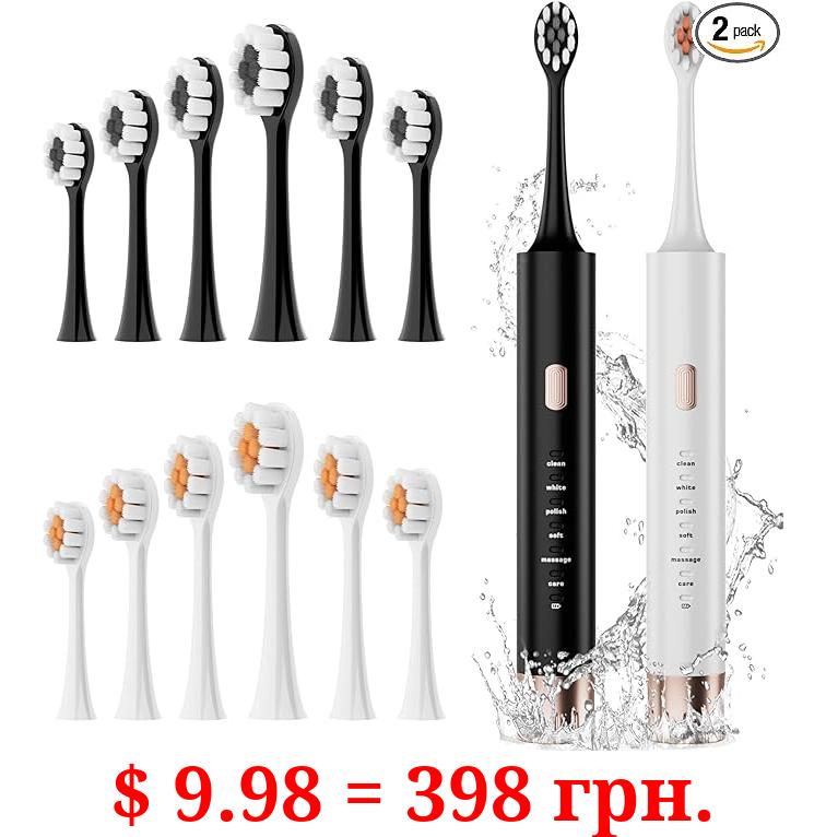 Aneebart Sonic Electric Toothbrush 2 Pack，Electric Toothbrush for Adults and Kids ，Travel Electric Toothbrush Includes 12 Brush Heads，IPx8 Waterproof （Black & White ）