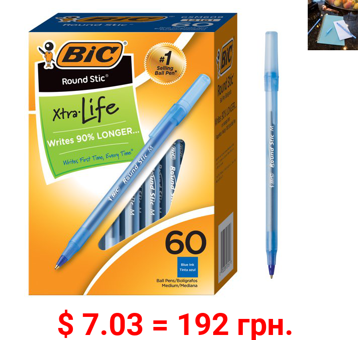 BIC Round Stic Xtra Life Ball Pen, Medium Point (1.0mm) -- Box of 60 Blue Pens