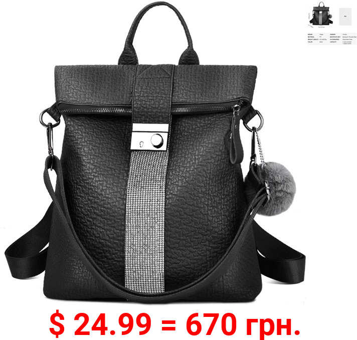 Fashion Leather Backpack for Women, Antitheft Handbag Travel Rucksack Ladies Waterproof Shoulder Bag, Black