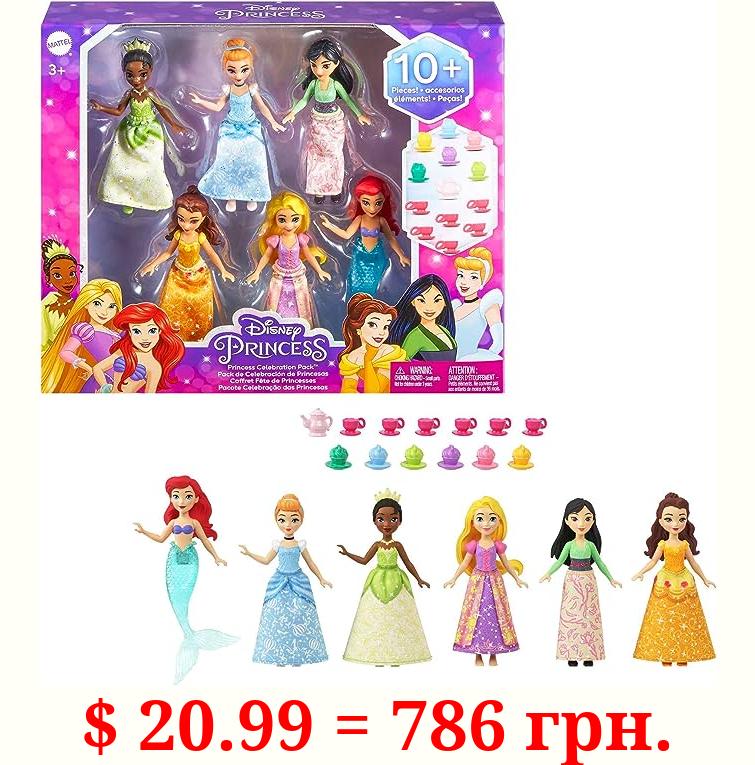 Mattel Disney Princess Toys, 6 Posable Small Dolls with Sparkling Clothing and 13 Tea Party Accessories Inspired by Disney Movies