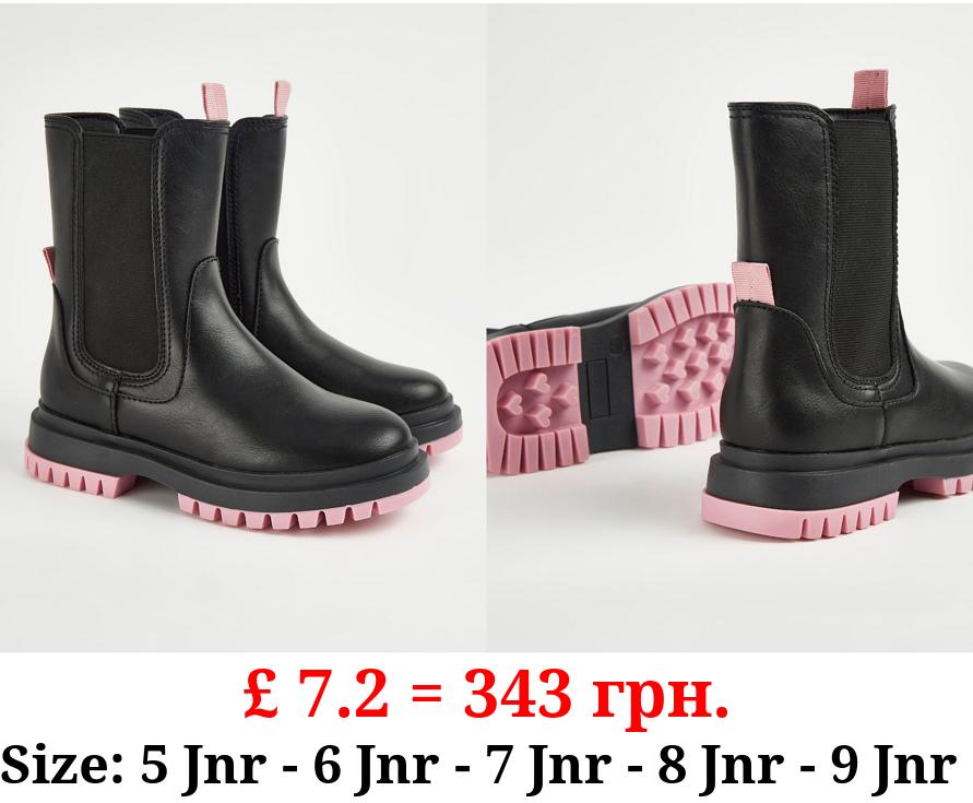 Black Chunky Sole Pull On Boots