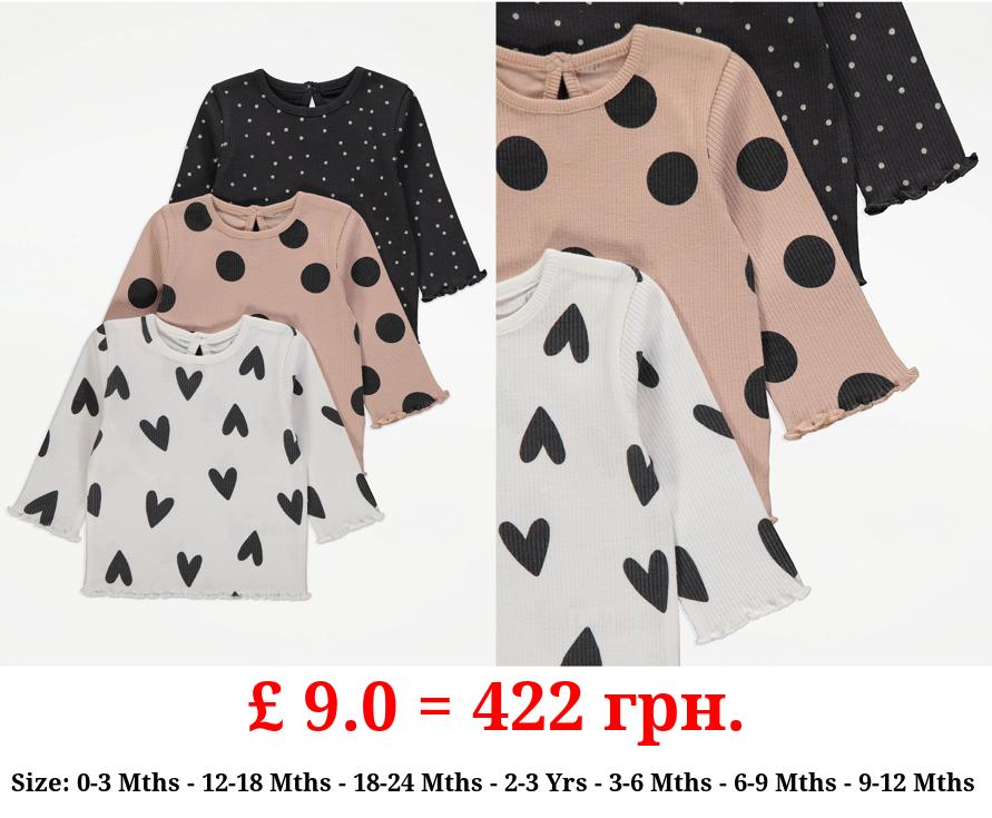 Spot Heart Ribbed Long Sleeve Tops 3 Pack