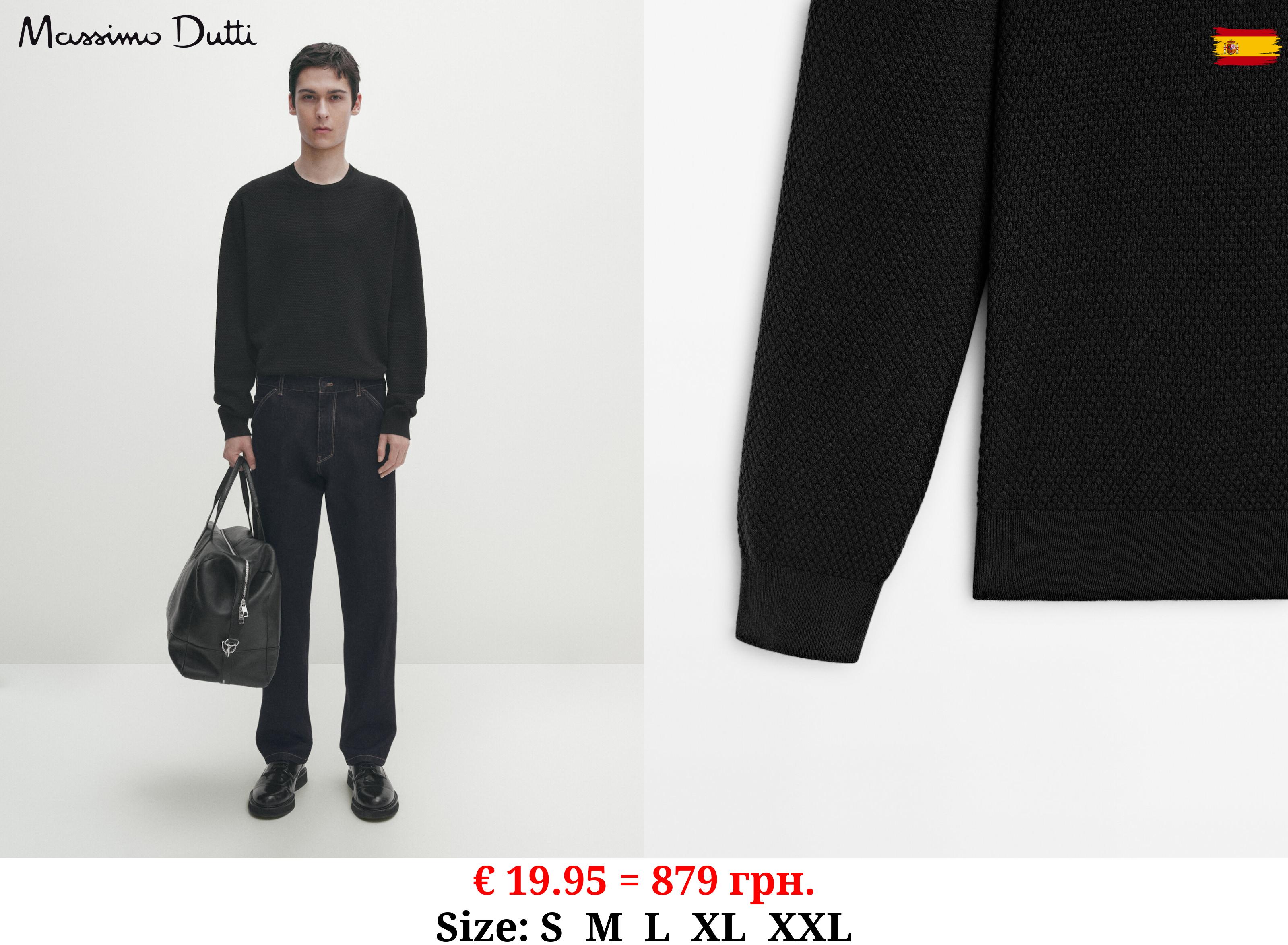 Textured knit crew neck sweater BLACK