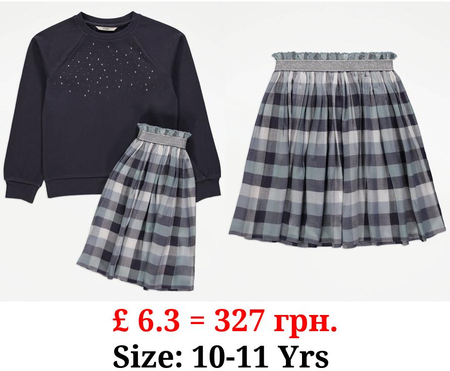 Navy Sparkle Sweatshirt and Grey Checked Skirt Outfit