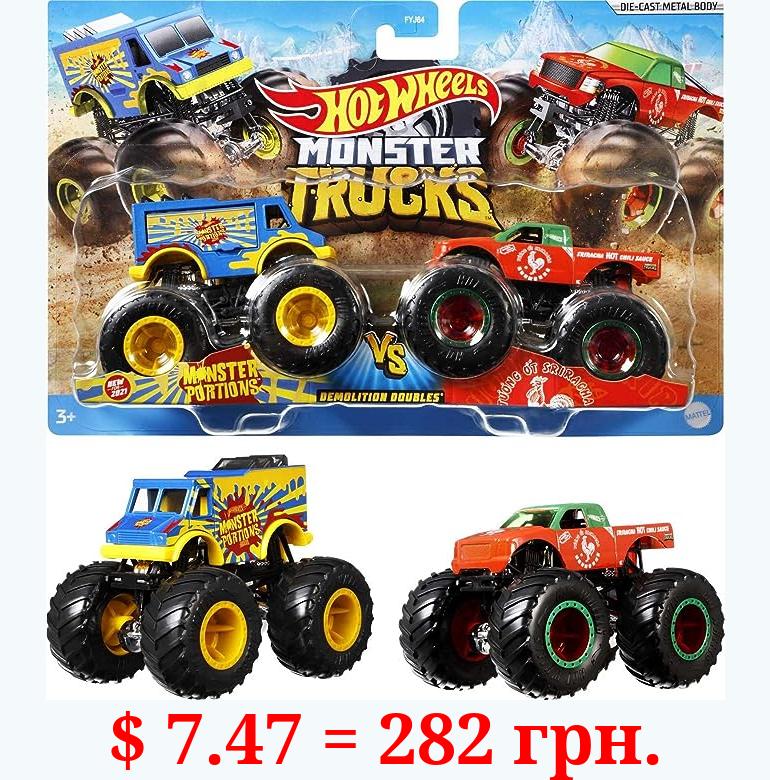 Hot Wheels Monster Trucks Demolition Doubles Stocking Stuffer, Set of 2 Toy Monster Trucks in 1:64 Scale (Styles May Vary)