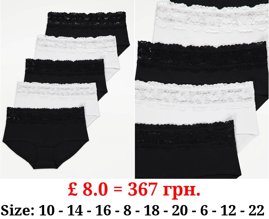 Black Lace Trim Short Knickers 5 Pack
