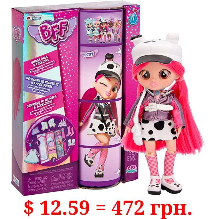 Cry Babies BFF Dotty Fashion Doll with 9+ Surprises Including Outfit and Accessories for Fashion Toy, Girls and Boys Ages 4 and Up, 7.8 Inch Doll