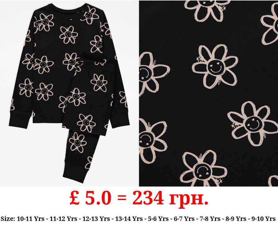 Black Smiley Daisy Long Sleeve Pyjamas Gift Set