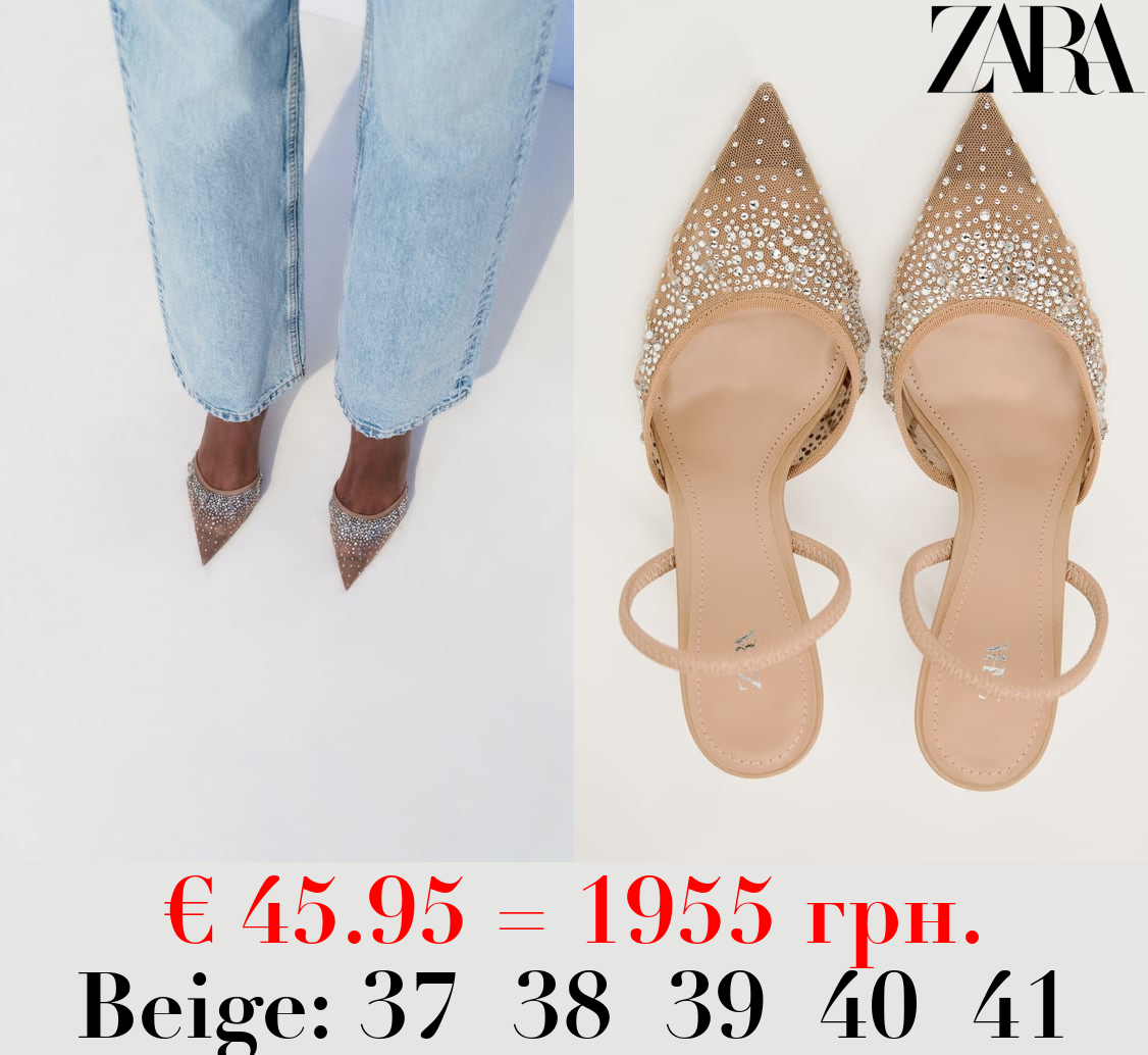 MESH HIGH-HEEL SLINGBACK SHOES WITH EMBELLISHED RHINESTONES