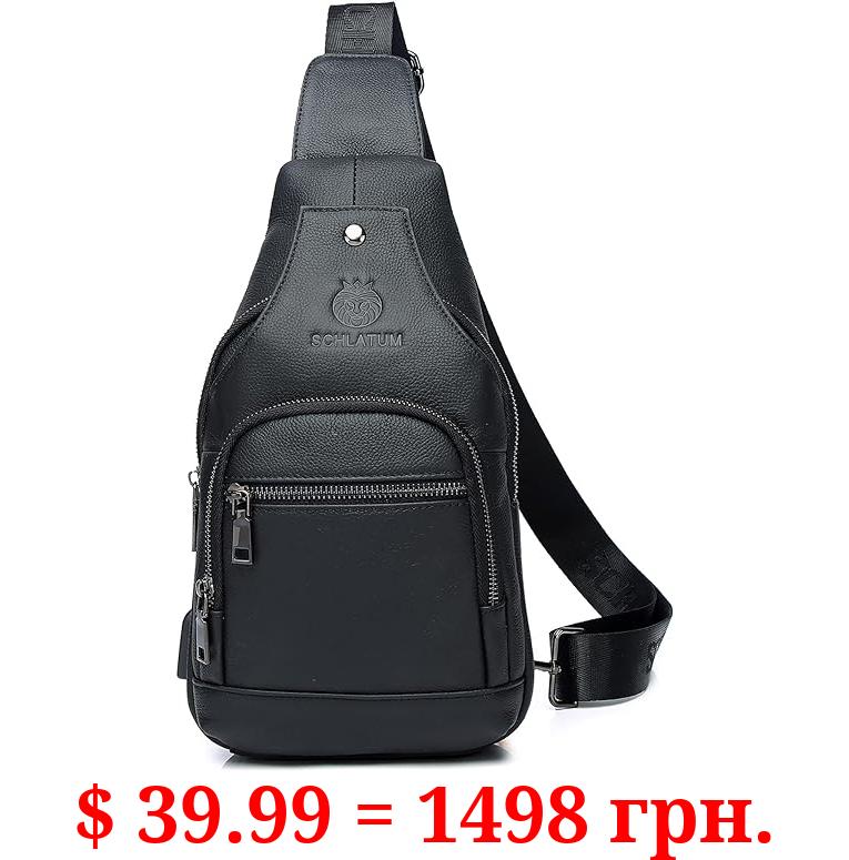 LUKZIJAES Genuine Leather Sling Bag for Men Crossbody Shoulder Chest Pack Hiking Casual Daypack Outdoor Travel Backpack