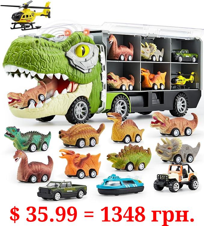 JOYIN 13 in 1 Dinosaur Truck for Kids, with 12 Pull Back Dinosaur Vehicles, Transport Carrier Truck with Music and Roaring Sound, Flashing Lights, Mini Dinosaur Car Set, Helicopter