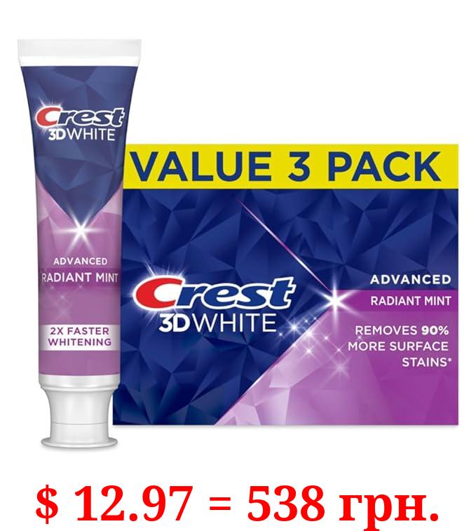 Crest 3D White Advanced Teeth Whitening Toothpaste, Radiant Mint, 3.3 oz, Pack of 3
