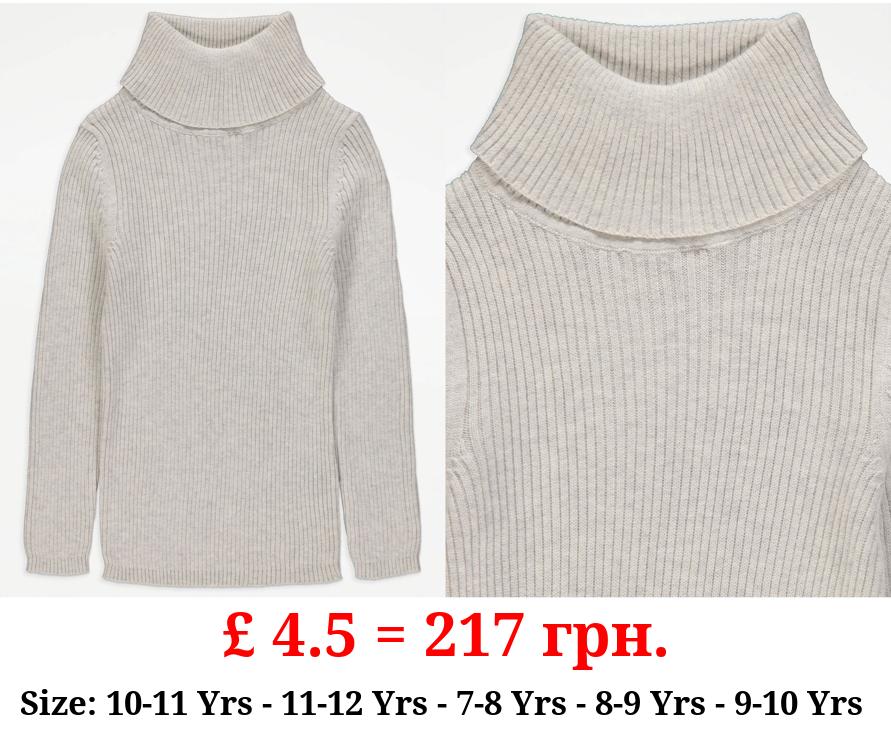 Grey Ribbed Roll Neck Jumper