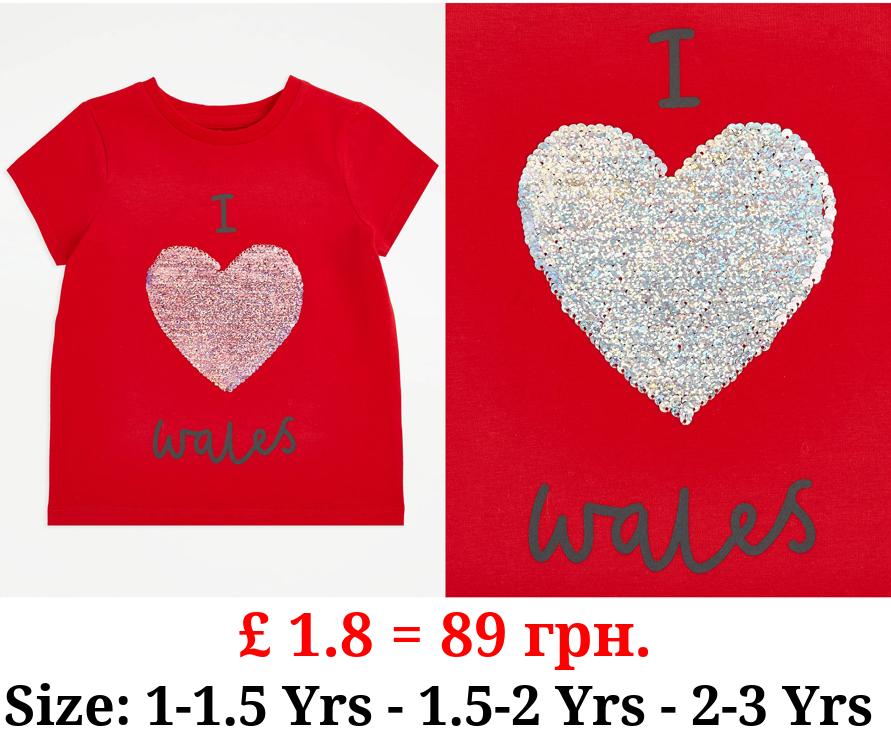 Red I Love Wales Flippy Sequin Heart T-Shirt