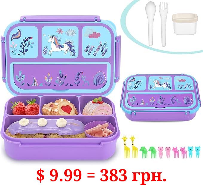 Sunhanny Bento Lunch Box for Kids - 4 Compartments, Sauce Container, Utensils, Food Picks and Muffin Cups, Purple Unicorn