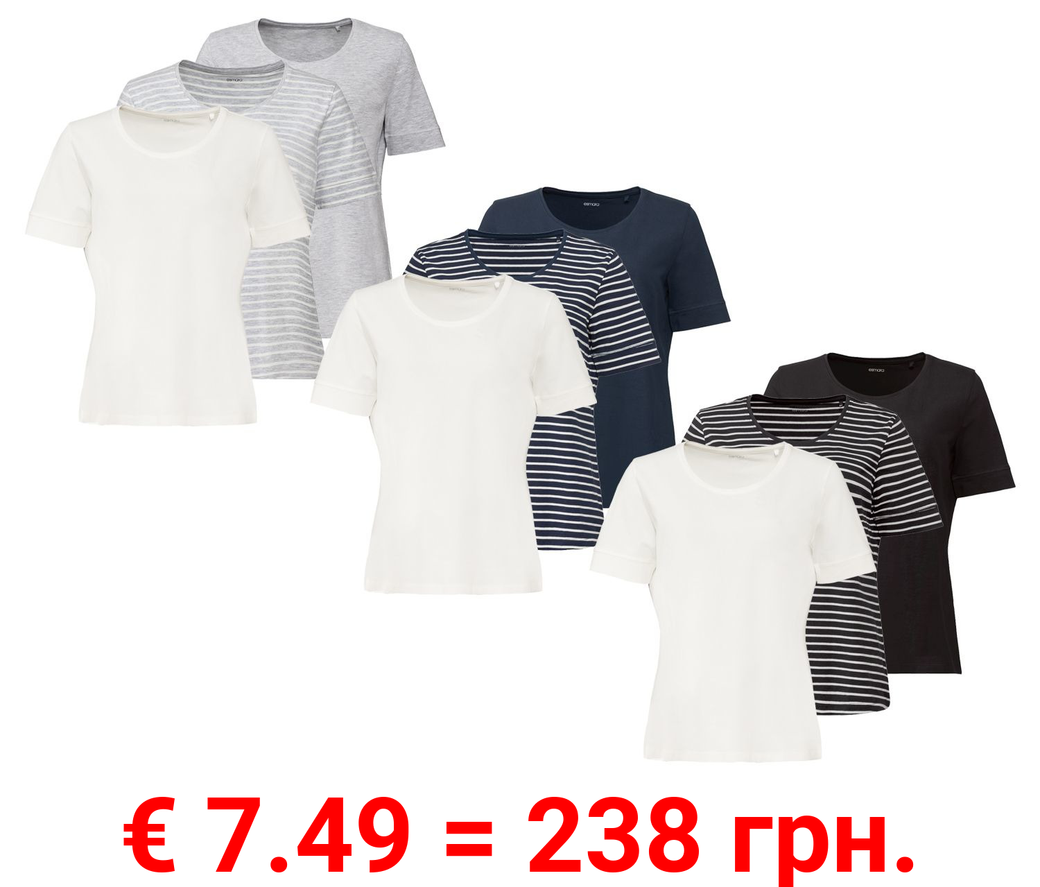 ESMARA® T-Shirt Damen, 3 Stück, mit Bio-Baumwolle und Elasthan