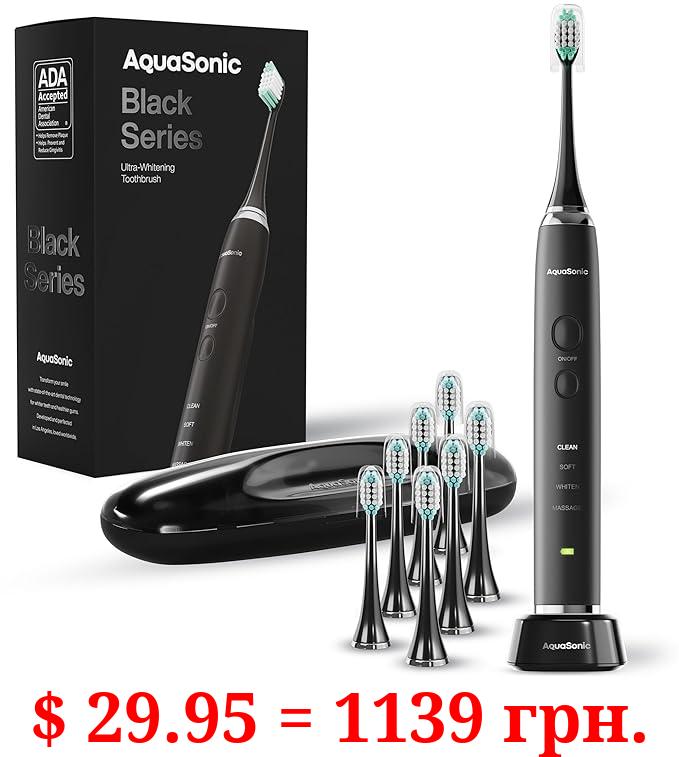 Aquasonic Black Series Ultra Whitening Toothbrush – ADA Accepted Power Toothbrush - 8 Brush Heads & Travel Case – 40,000 VPM Electric Motor & Wireless Charging - 4 Modes w Smart Timer
