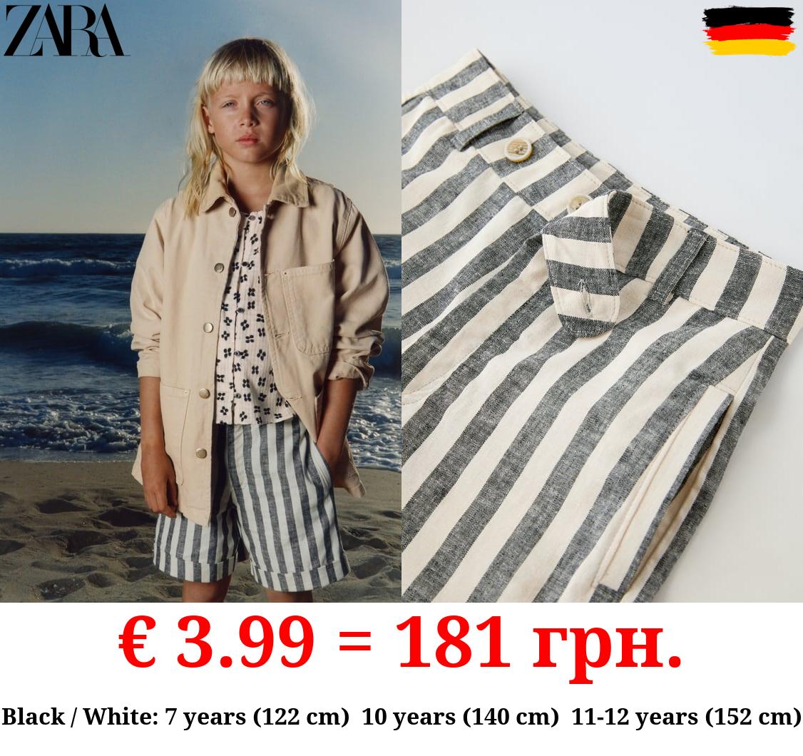 LINEN BLEND STRIPED BERMUDA SHORTS WITH BUTTONS