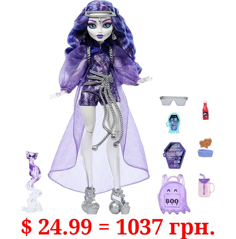 Monster High Spectra Vondergeist Doll with Pet Ferret Rhuen and Accessories Like Backpack, Tablet, Snacks and More