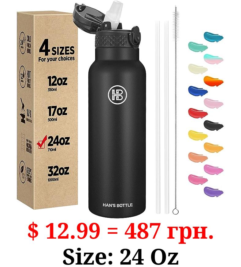 Han's Bottle Sports Water Bottle - 24 Oz, Straw Lid, Leak Proof, Vacuum Insulated Stainless Steel, Double Walled, Thermo Mug,Black